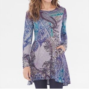 Chico’s Purple Paisley Knit High Low Tunic Top or Mini Dress Size L (Chico’s 2)